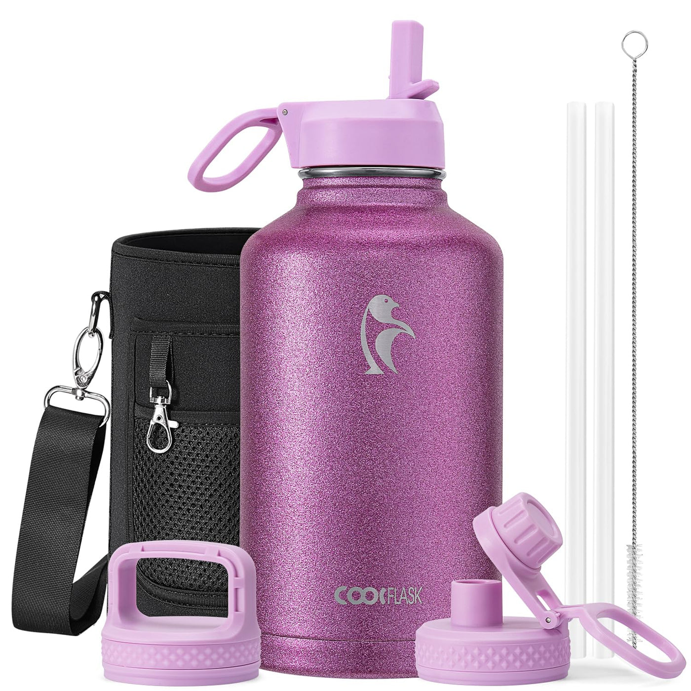 Water Bottle 40 oz Insulated with Straw&Brush, Coolflask Vaccum Stainless Steel Metal 3 Lids Water Flask for Sports, Gym or Office, Keep Cold 48H Hot 24H, Magic Black