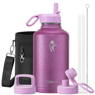 Water Bottle 40 oz Insulated with Straw&Brush, Coolflask Vaccum Stainless Steel Metal 3 Lids Water Flask for Sports, Gym or Office, Keep Cold 48H Hot 24H, Magic Black