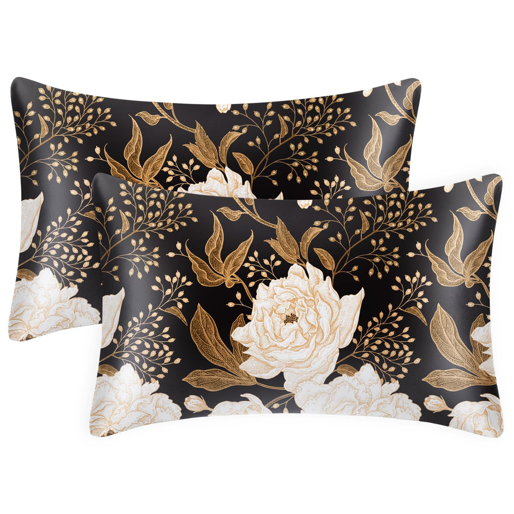 EXQ Home Silky Satin Pillowcase for Hair and Skin,Printed Pillow Cases Standard Size Set of 2 Satin Pillow Case 2 Pack with Envelope Closure(Ink Leaf, 20x26)