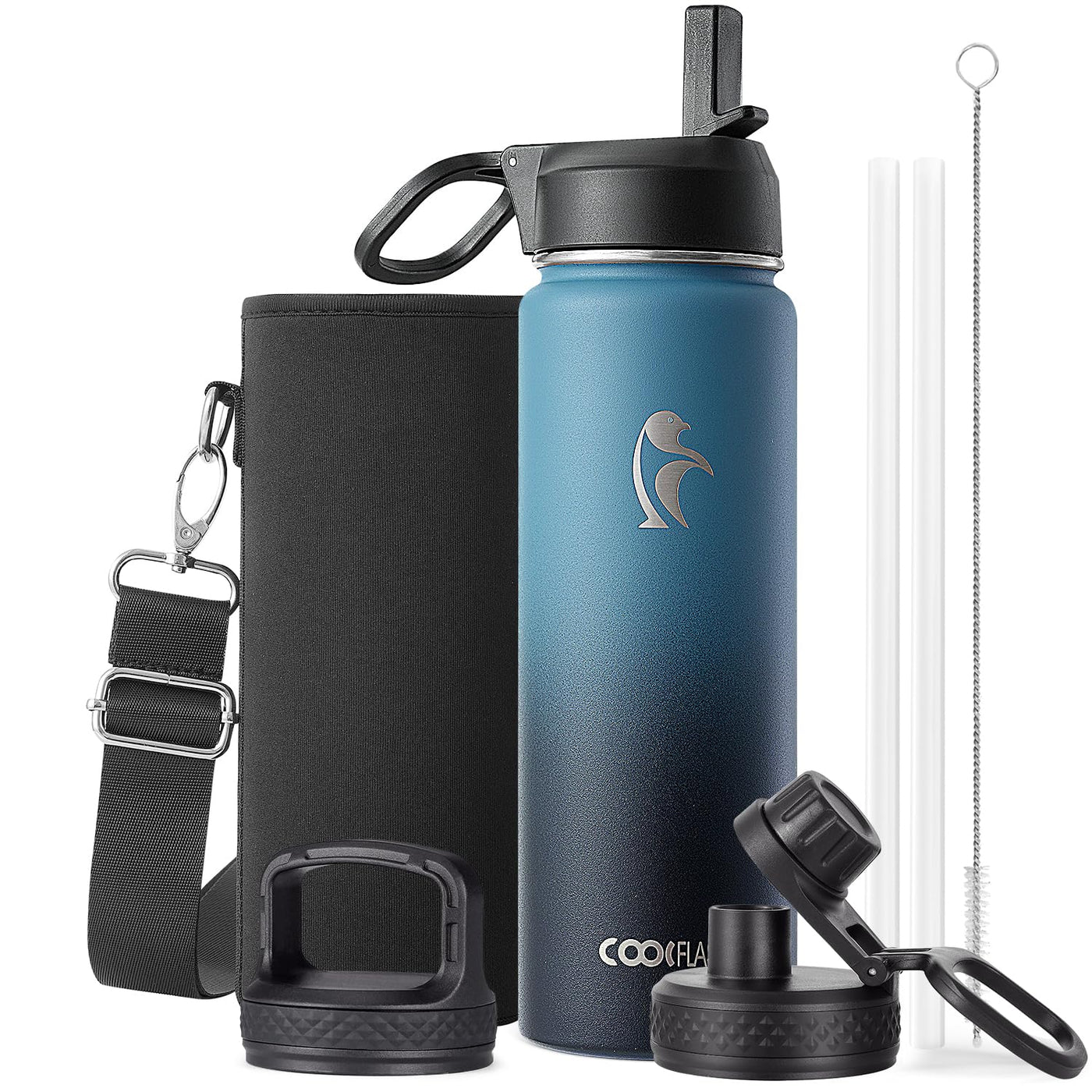 Water Bottle 40 oz Insulated with Straw&Brush, Coolflask Vaccum Stainless Steel Metal 3 Lids Water Flask for Sports, Gym or Office, Keep Cold 48H Hot 24H, Magic Black