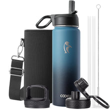 Water Bottle 40 oz Insulated with Straw&Brush, Coolflask Vaccum Stainless Steel Metal 3 Lids Water Flask for Sports, Gym or Office, Keep Cold 48H Hot 24H, Magic Black