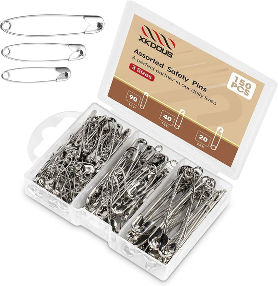 XKDOUS 3 Most Universal Safety Pins Assorted Sizes, Small & Large Safety Pins for Clothes, 150 Pack Silver Sharp Edge Pins for Clothing, Sewing & Craft Supplies