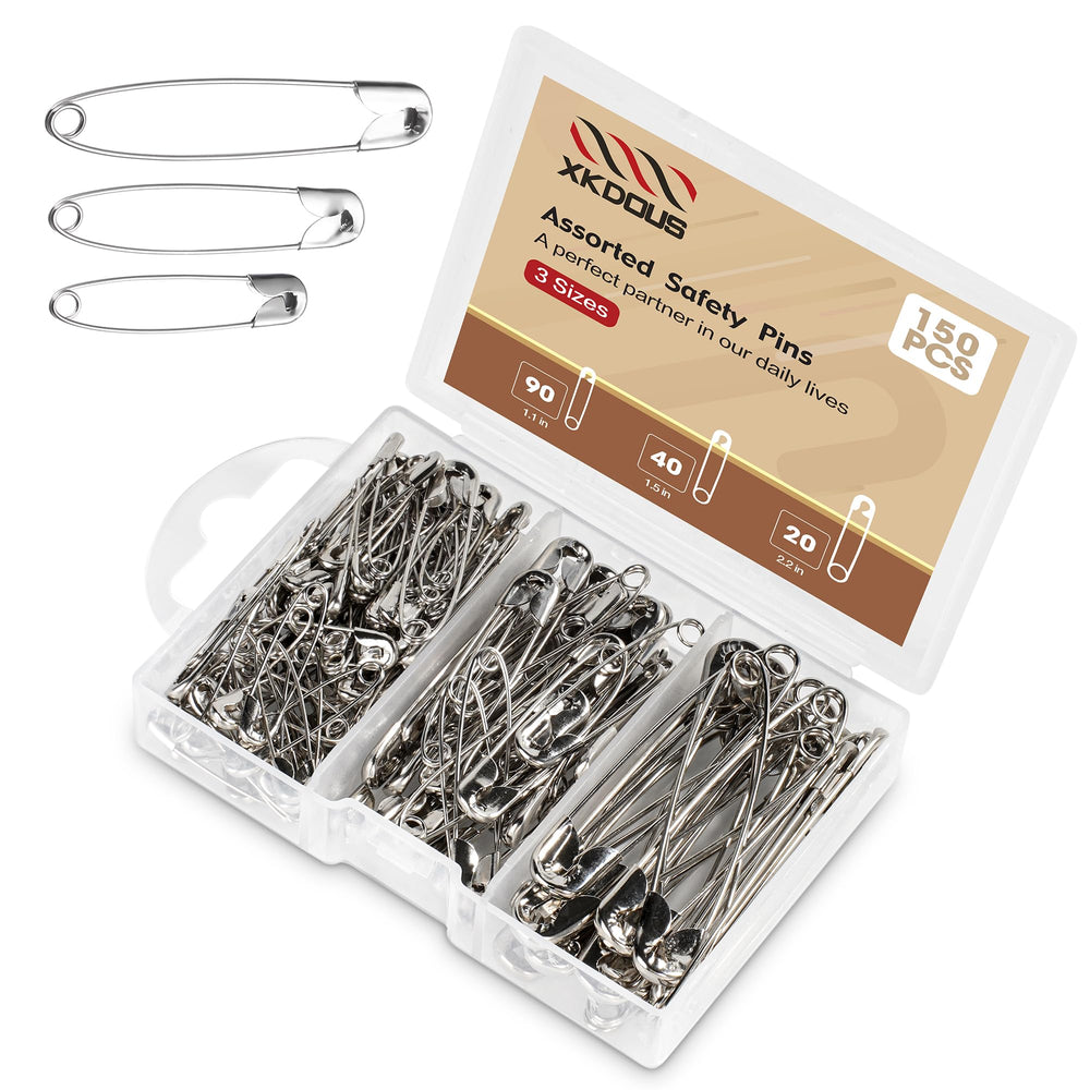 XKDOUS 3 Most Universal Safety Pins Assorted Sizes, Small & Large Safety Pins for Clothes, 150 Pack Silver Sharp Edge Pins for Clothing, Sewing & Craft Supplies