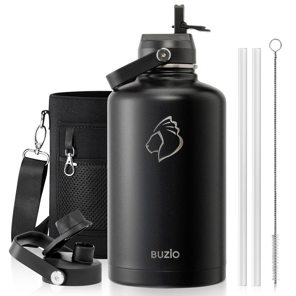 BUZIO 40oz Insulated Water Bottle, Triple Wall Vacuum Stainless Steel Water Flask with 2 lids, Lead-Free BPA-Free Straw Lid Sports Canteen Jug, Cold 48H & Hot 24H- Black