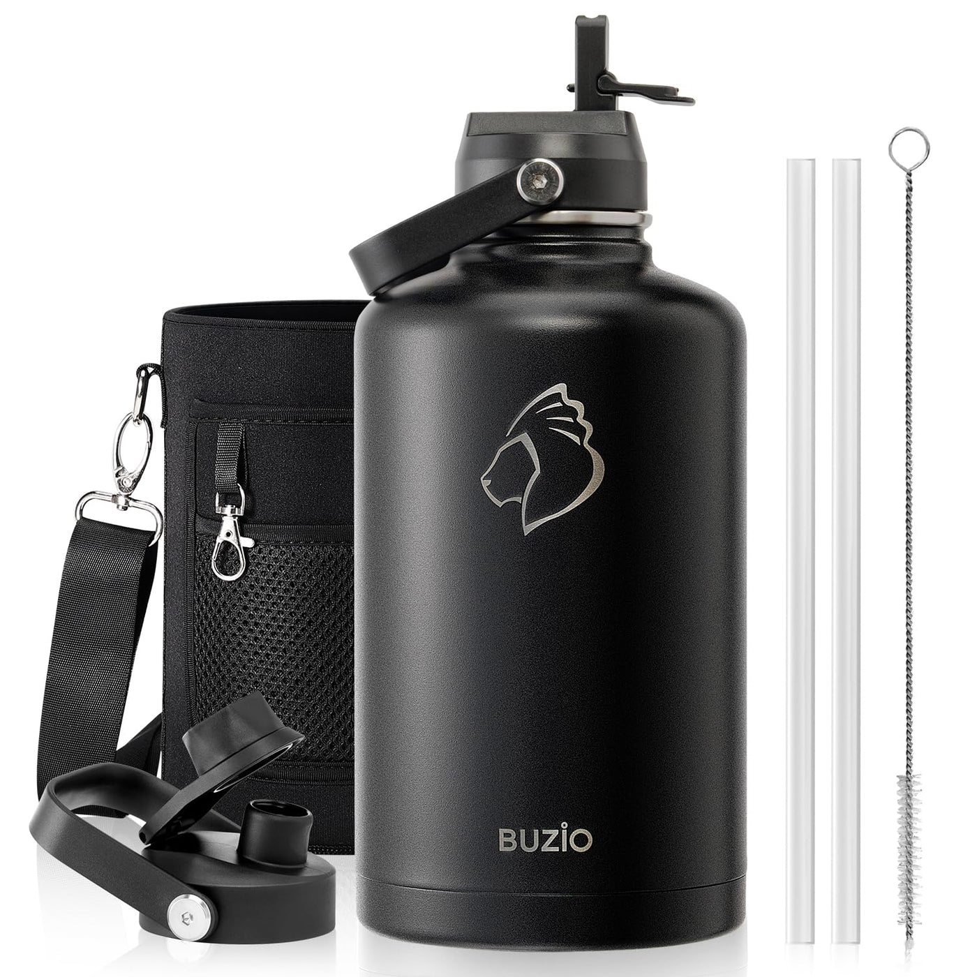 BUZIO 40oz Insulated Water Bottle, Triple Wall Vacuum Stainless Steel Water Flask with 2 lids, Lead-Free BPA-Free Straw Lid Sports Canteen Jug, Cold 48H & Hot 24H- Black