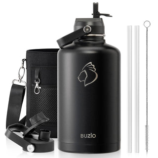 BUZIO 40oz Insulated Water Bottle, Triple Wall Vacuum Stainless Steel Water Flask with 2 lids, Lead-Free BPA-Free Straw Lid Sports Canteen Jug, Cold 48H & Hot 24H- Black