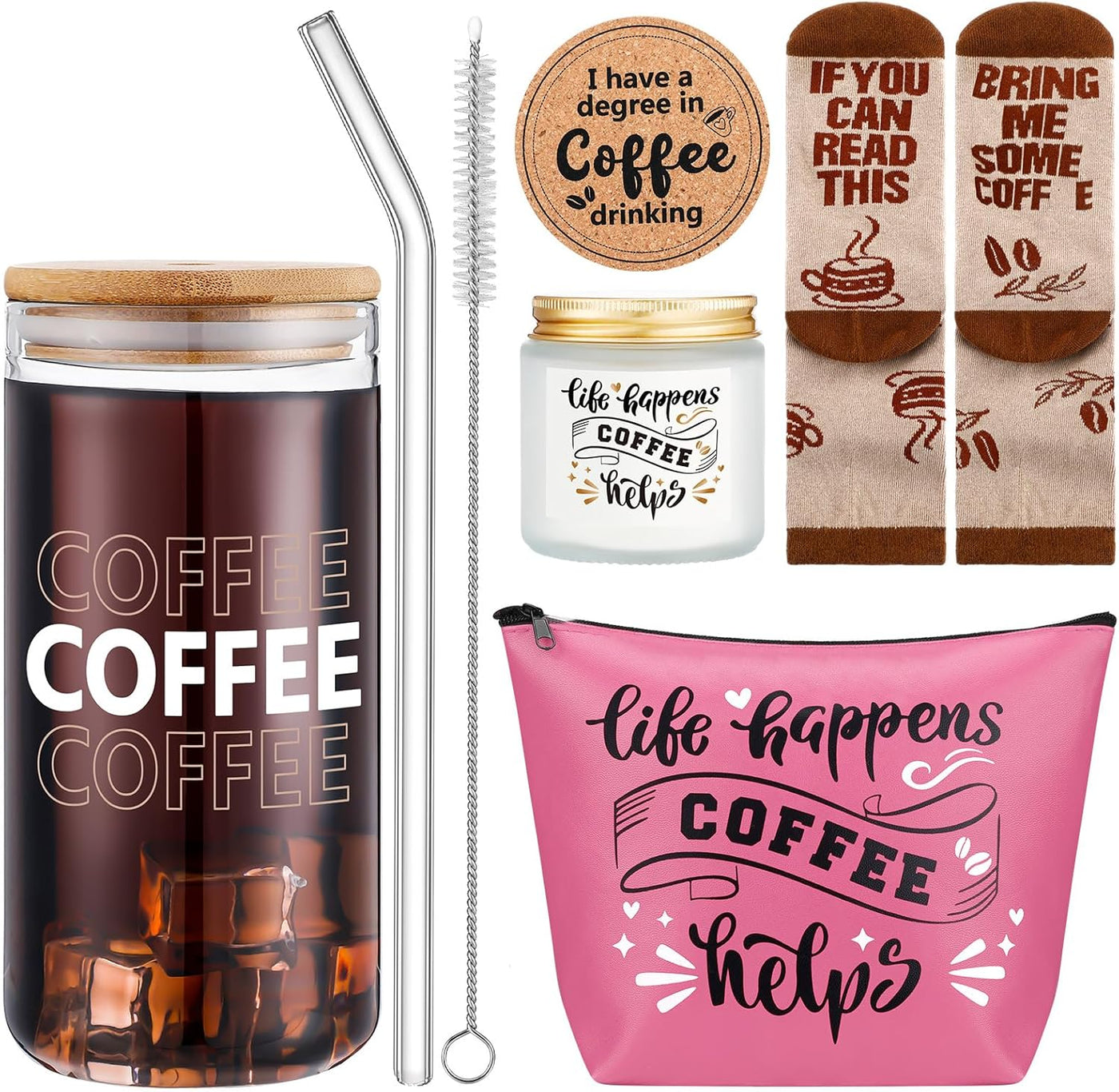 Dandat 5 Pieces Coffee Lovers Gifts Set 20 oz Iced Drink Cups with Lids and Straws Round Cork Coaster, Socks, Makeup Bag, Candle Jar Coffee Gift Basket for Men Women