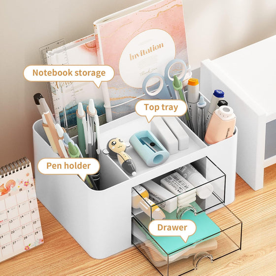 Marbrasse Pen Organizer with 2 Drawer, Multi-Functional Pencil Holder for Desk, Desk Organizers and Accessories with 5 Compartments + Drawer for Office Art Supplies (White) - hover image