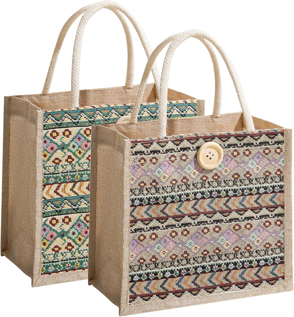 Women Tote Bag,2Pcs Jute Casual Tote's Handbag Embroidered Personalized Bento Bag,Reusable Grocery Bags Shopping Bags