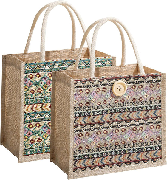 Women Tote Bag,2Pcs Jute Casual Tote's Handbag Embroidered Personalized Bento Bag,Reusable Grocery Bags Shopping Bags