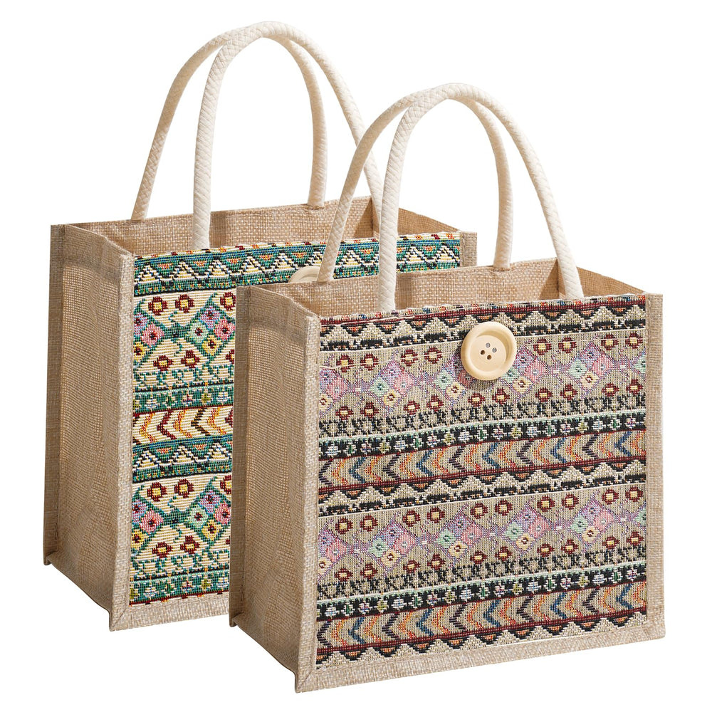 Women Tote Bag,2Pcs Jute Casual Tote's Handbag Embroidered Personalized Bento Bag,Reusable Grocery Bags Shopping Bags