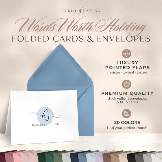 Curio Press Personalized Stationery for Women & Men - A2 Folded Note Cards with Monogram and Name, Fold Over Monogrammed Stationery Thank You Cards with Custom Notecards - Delicate Mono Fold - hover image