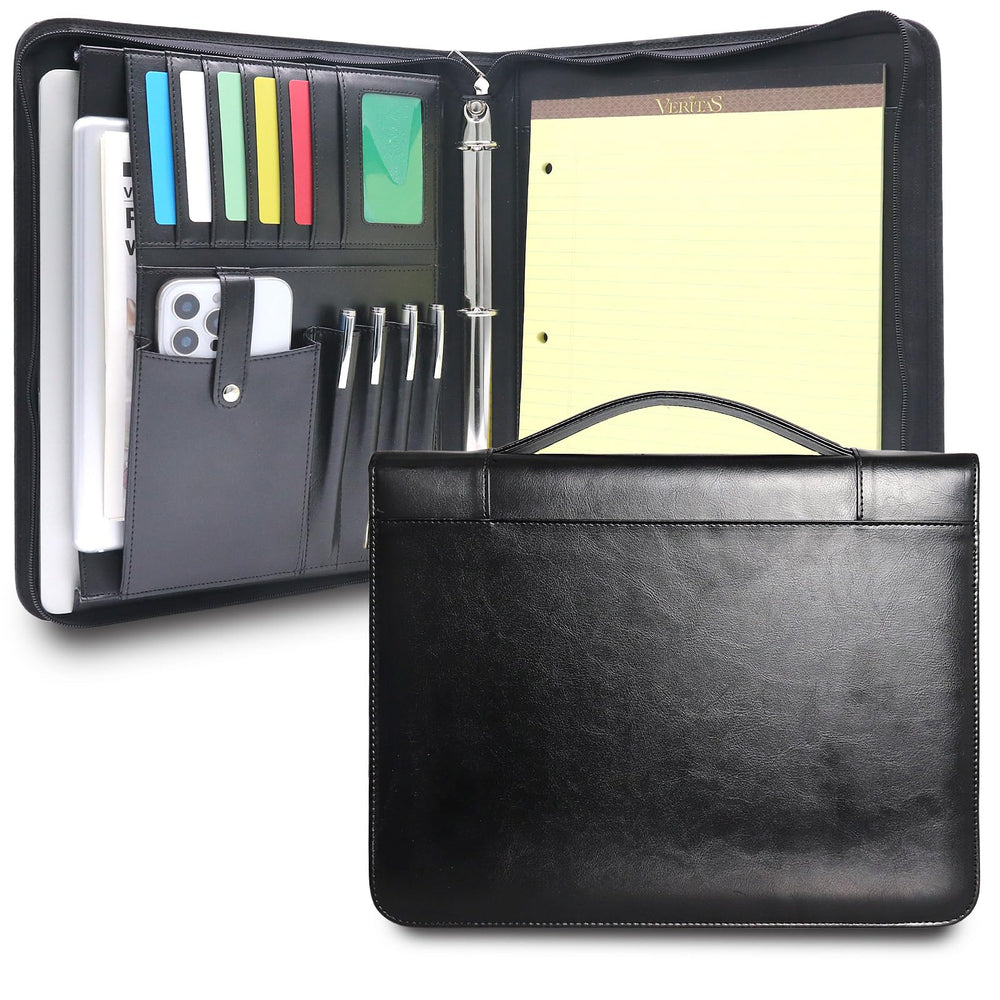 Embossed Faux Leather Zippered Padfolio with 3 Ring Binder, Executive Portfolio Organizer Binder for Women, Fits 13.9" Laptop/Tablet, Refillable Writing Pad Pocket, Green