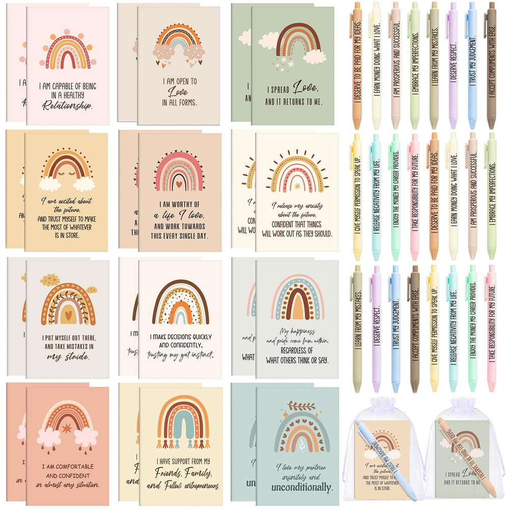 Mooliwe 24 Pcs Positive Affirmation Gift Set Gratitude Notebooks with Pens Small Bags Motivational Encouragement Notepads Daily Affirmations Journal for Women Stress Relief Self Care (Watercolor)