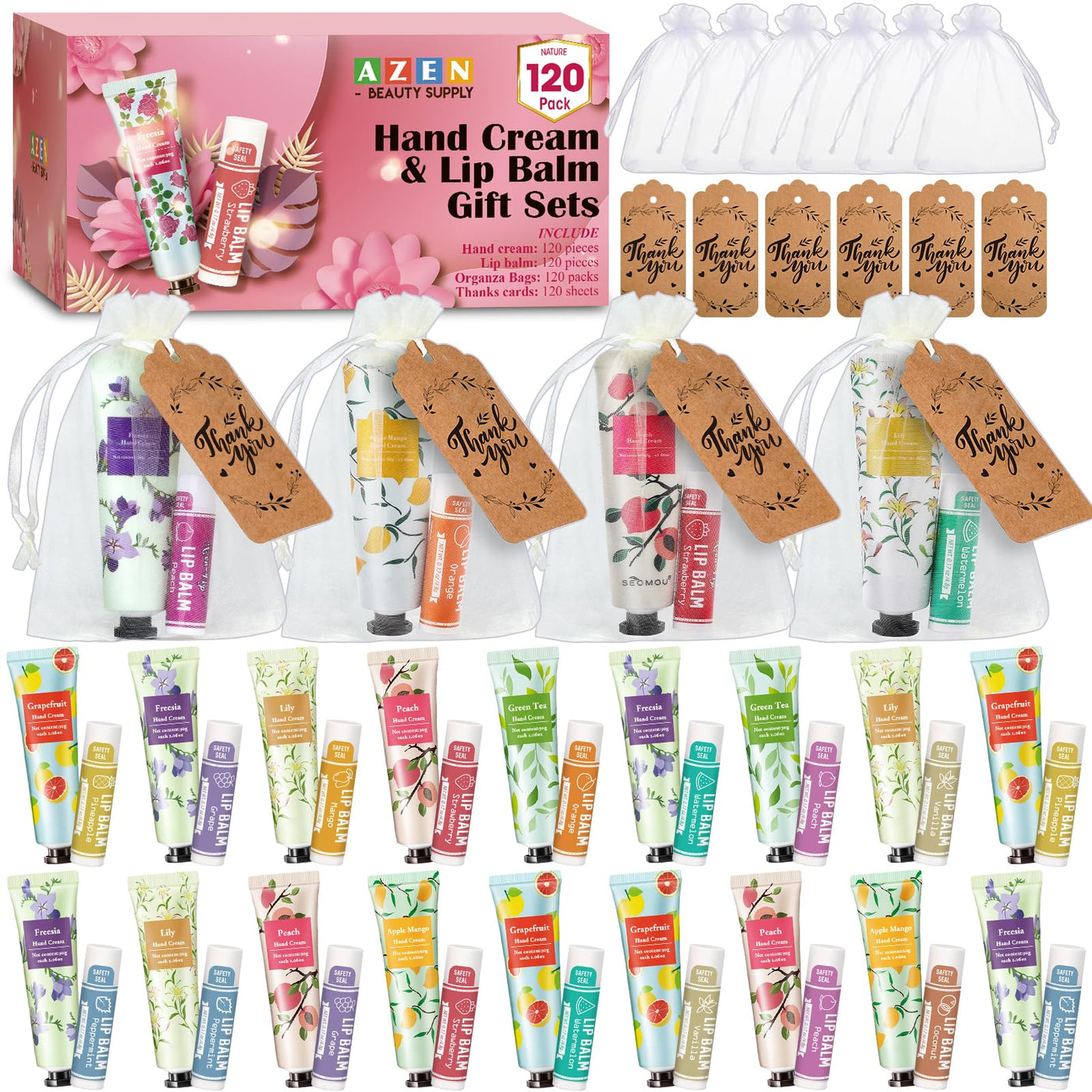 AZEN 30 Sets Bulk Gifts, Hand Cream and Lip Balm Bulk Set with Organza Bag Thank You Card, Baby Shower Wedding Gift for Guests, Bridal Wedding Favors for Guests, Mothers Day Gifts Stocking Stuffers