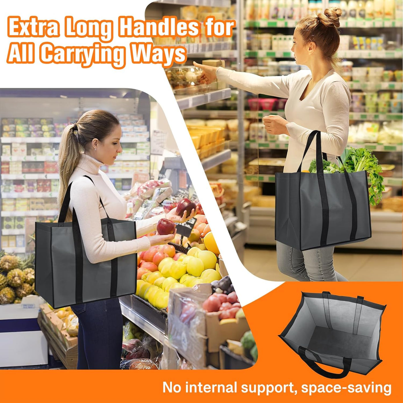 WISELIFE Reusable Grocery Bags with Handles - 3 Pack, 35L Large Shopping Bags for Groceries, Water-Resistant & Foldable Grocery Totes for Lasting Use for Kitchen, Market, Car Trunk, Picnic (Gray)