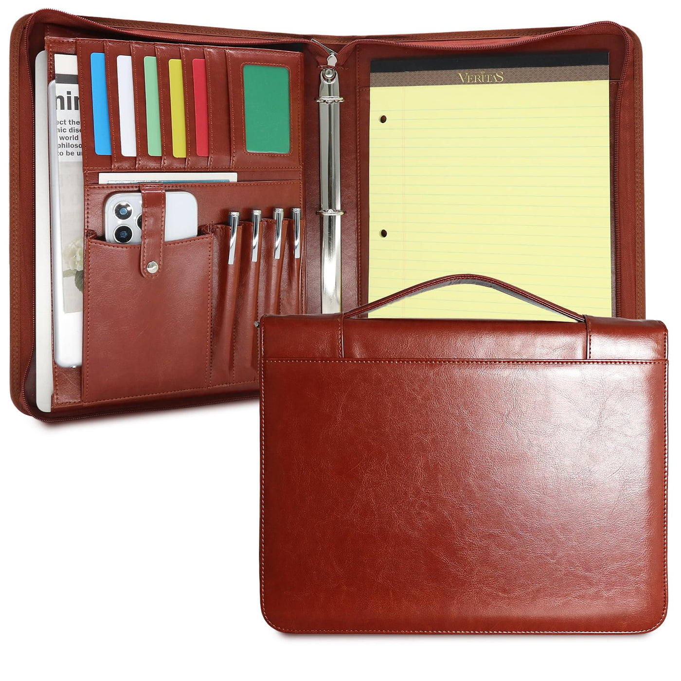 Embossed Faux Leather Zippered Padfolio with 3 Ring Binder, Executive Portfolio Organizer Binder for Women, Fits 13.9" Laptop/Tablet, Refillable Writing Pad Pocket, Green