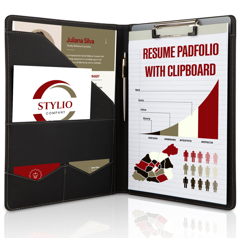 STYLIO Padfolio Portfolio Organizer Binder | Interview Resume Folder, Legal Document, Business Card Holder |w/Letter-Sized Notepad | Handsome Piano Noir Faux Leather Folio Matte Finish, Accent Stitch