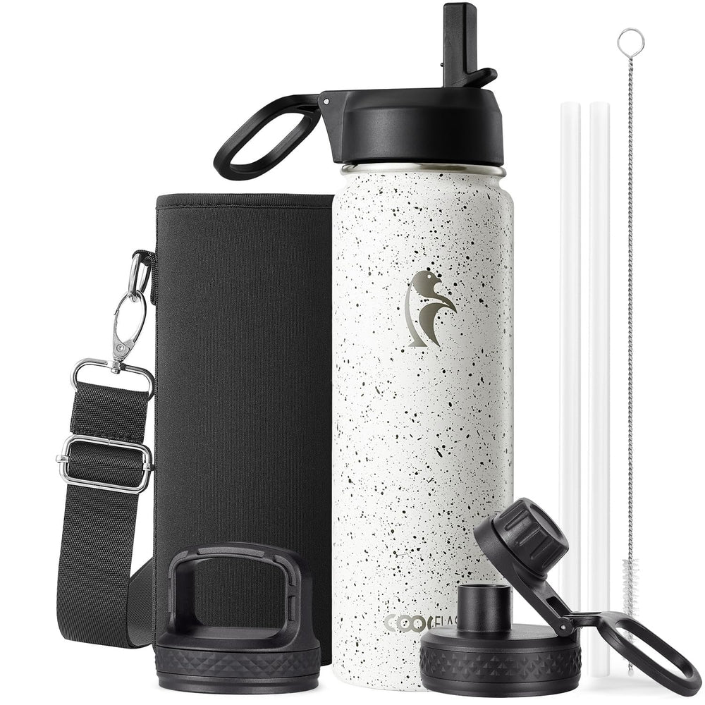 Water Bottle 40 oz Insulated with Straw&Brush, Coolflask Vaccum Stainless Steel Metal 3 Lids Water Flask for Sports, Gym or Office, Keep Cold 48H Hot 24H, Magic Black
