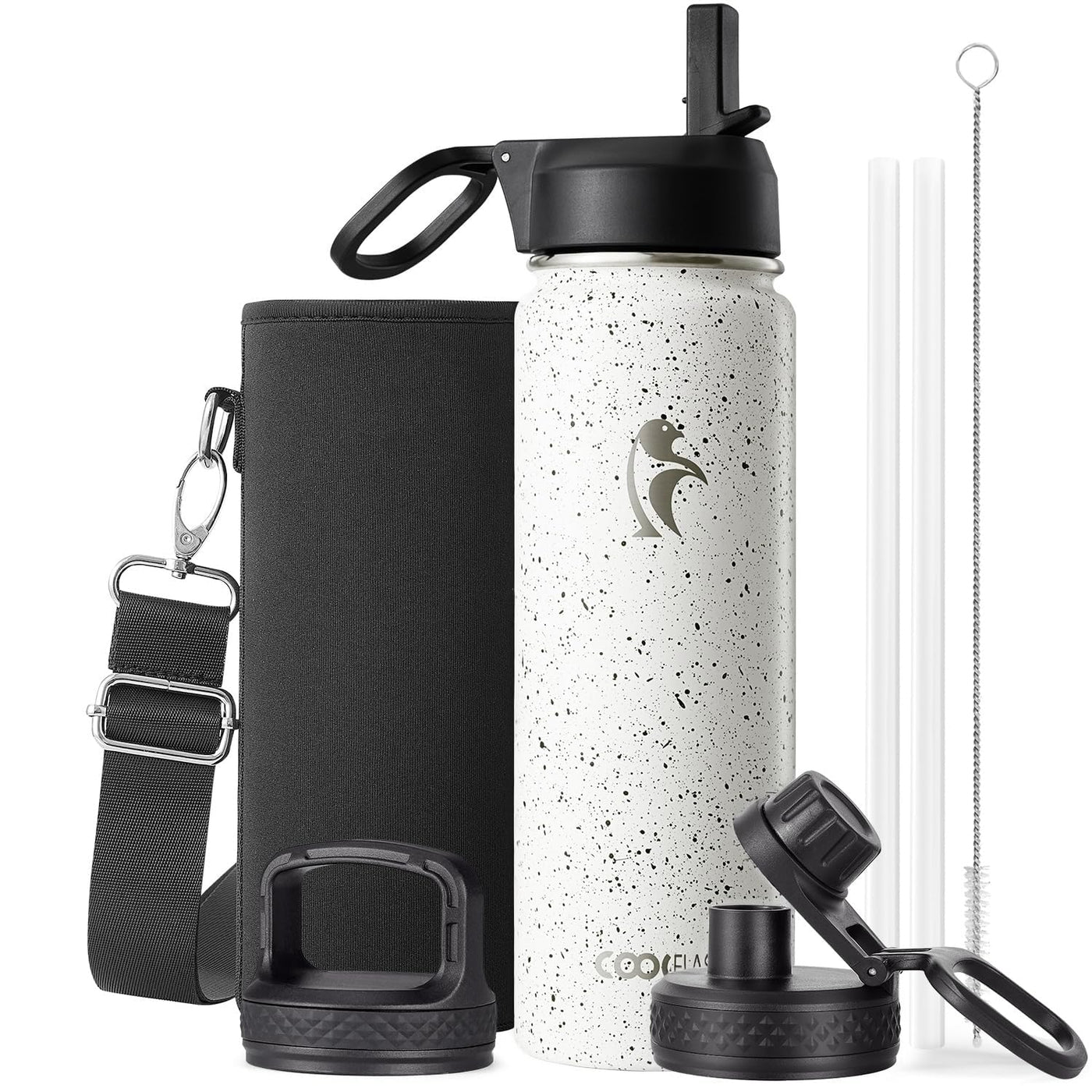 Water Bottle 40 oz Insulated with Straw&Brush, Coolflask Vaccum Stainless Steel Metal 3 Lids Water Flask for Sports, Gym or Office, Keep Cold 48H Hot 24H, Magic Black