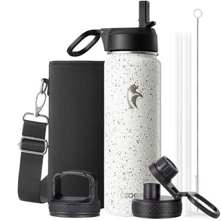 Water Bottle 40 oz Insulated with Straw&Brush, Coolflask Vaccum Stainless Steel Metal 3 Lids Water Flask for Sports, Gym or Office, Keep Cold 48H Hot 24H, Magic Black