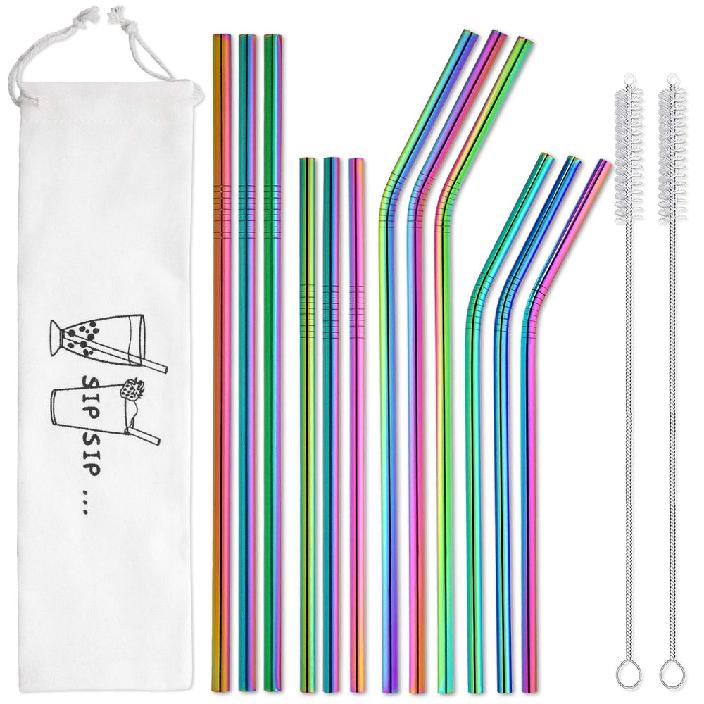 Hiware 12-Pack Reusable Stainless Steel Metal Straws with Case - Long Drinking Straws for 30 oz and 20 oz Tumblers Dishwasher Safe - 2 Cleaning Brushes Included