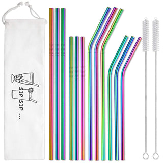 Hiware 12-Pack Reusable Stainless Steel Metal Straws with Case - Long Drinking Straws for 30 oz and 20 oz Tumblers Dishwasher Safe - 2 Cleaning Brushes Included