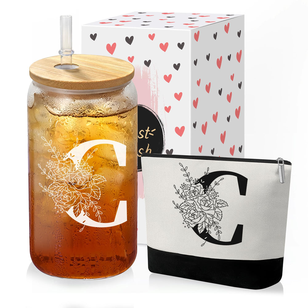 Custom Glass Cup & Makeup Bag Set - Personalized Gifts for Women, Initial 16 oz Glass Tumbler with Lid & Straw, Monogram Makeup Bag - Birthday Gifts For Women, Mother's Day Presents(S)