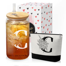 Custom Glass Cup & Makeup Bag Set - Personalized Gifts for Women, Initial 16 oz Glass Tumbler with Lid & Straw, Monogram Makeup Bag - Birthday Gifts For Women, Mother's Day Presents(S)