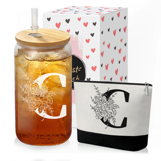 Custom Glass Cup & Makeup Bag Set - Personalized Gifts for Women, Initial 16 oz Glass Tumbler with Lid & Straw, Monogram Makeup Bag - Birthday Gifts For Women, Mother's Day Presents(S)