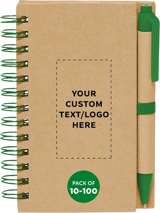 DISCOUNT PROMOS Custom Mini Spiral Notebooks with Black Ink Pens Set of 10/50/100, Personalized Bulk Pack - Perfect for School, Office, Business, Home - Green