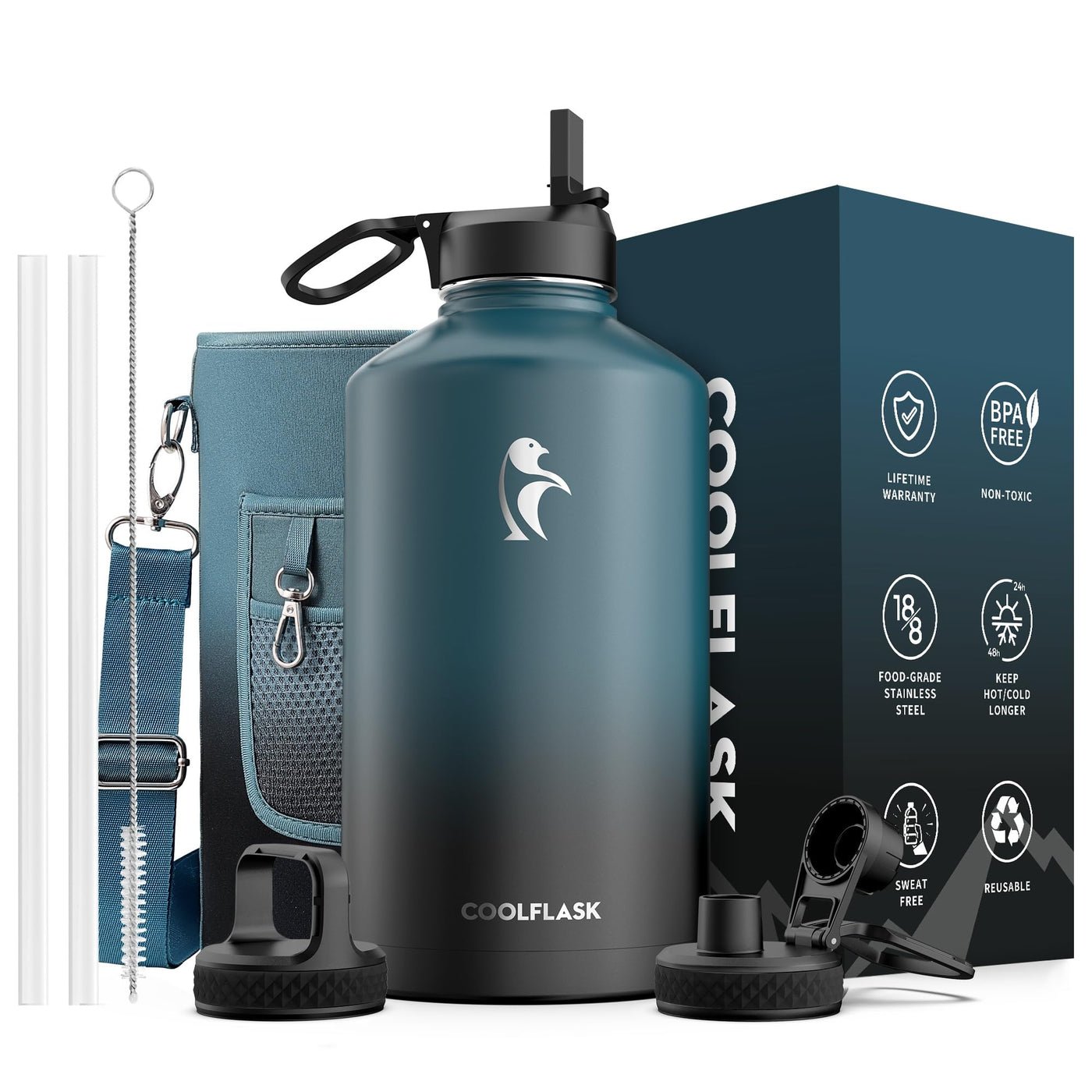 Water Bottle 40 oz Insulated with Straw&Brush, Coolflask Vaccum Stainless Steel Metal 3 Lids Water Flask for Sports, Gym or Office, Keep Cold 48H Hot 24H, Magic Black