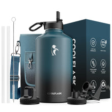 Water Bottle 40 oz Insulated with Straw&Brush, Coolflask Vaccum Stainless Steel Metal 3 Lids Water Flask for Sports, Gym or Office, Keep Cold 48H Hot 24H, Magic Black