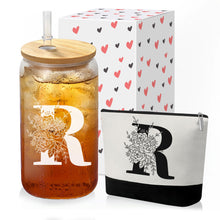 Custom Glass Cup & Makeup Bag Set - Personalized Gifts for Women, Initial 16 oz Glass Tumbler with Lid & Straw, Monogram Makeup Bag - Birthday Gifts For Women, Mother's Day Presents(S)