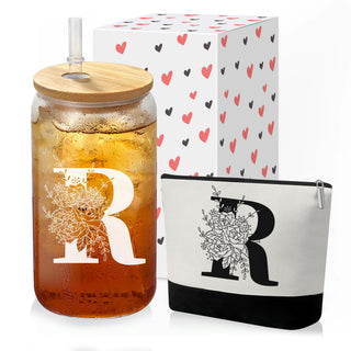 Custom Glass Cup & Makeup Bag Set - Personalized Gifts for Women, Initial 16 oz Glass Tumbler with Lid & Straw, Monogram Makeup Bag - Birthday Gifts For Women, Mother's Day Presents(S)