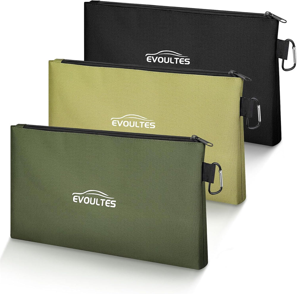 EVOULTES 12 Inch Tool Pouches with Zipper, Small Tools Bags with Carabiner, Multi Purpose Utility Organizer Bags for Tools (3 Pack in Tan, Navy Green, Black)