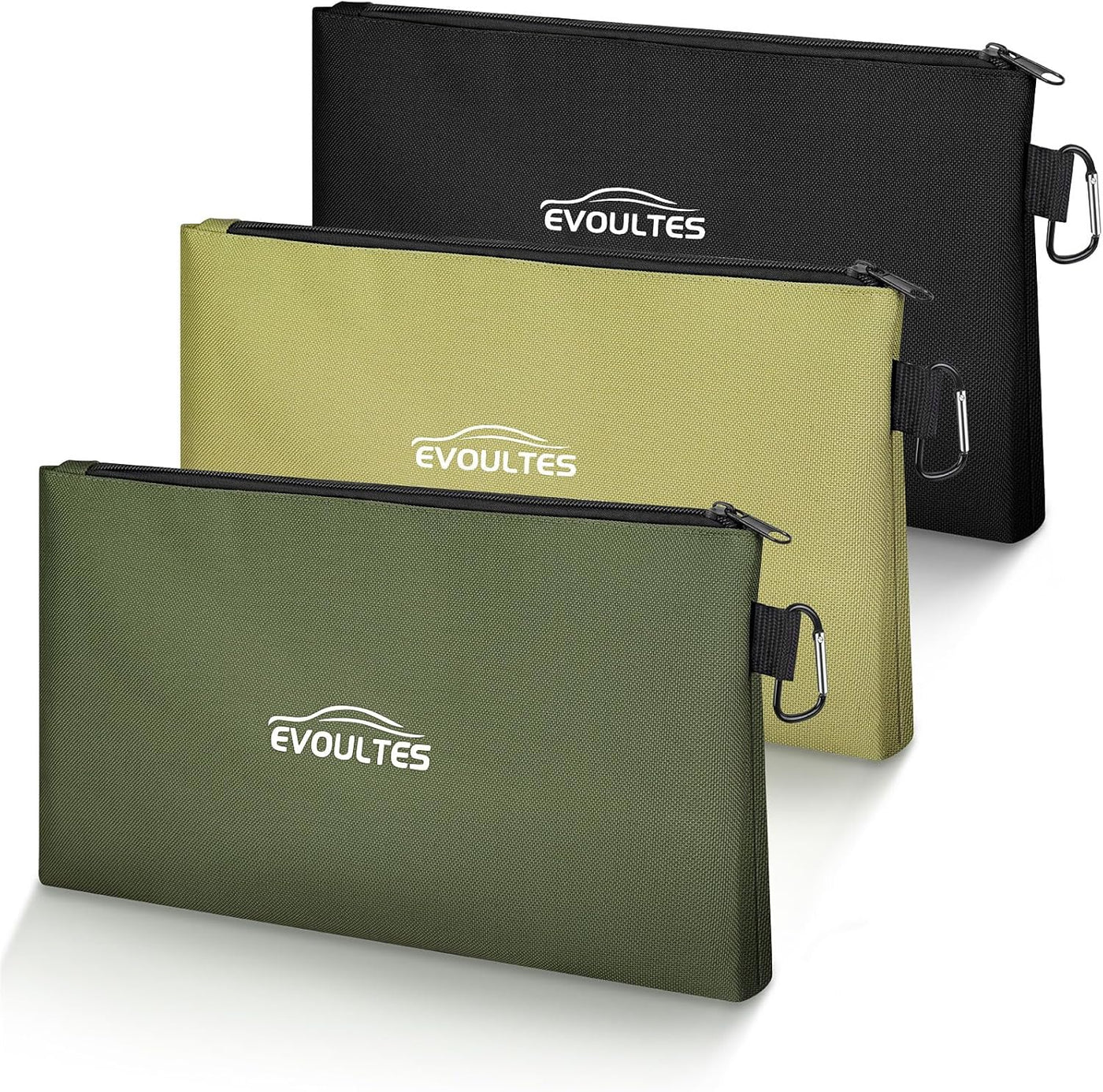 EVOULTES 12 Inch Tool Pouches with Zipper, Small Tools Bags with Carabiner, Multi Purpose Utility Organizer Bags for Tools (3 Pack in Tan, Navy Green, Black)