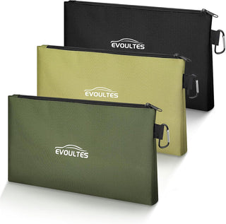 EVOULTES 12 Inch Tool Pouches with Zipper, Small Tools Bags with Carabiner, Multi Purpose Utility Organizer Bags for Tools (3 Pack in Tan, Navy Green, Black)
