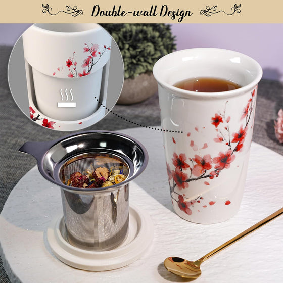 Harmoleaf Tea Gift Set for Women - 6 Herbal Loose Leaf Tea Blends, Insulated Ceramic Cup with Infuser & Lid | Birthday, Mother's Day, Anniversary & Retirement Gift for Her - hover image