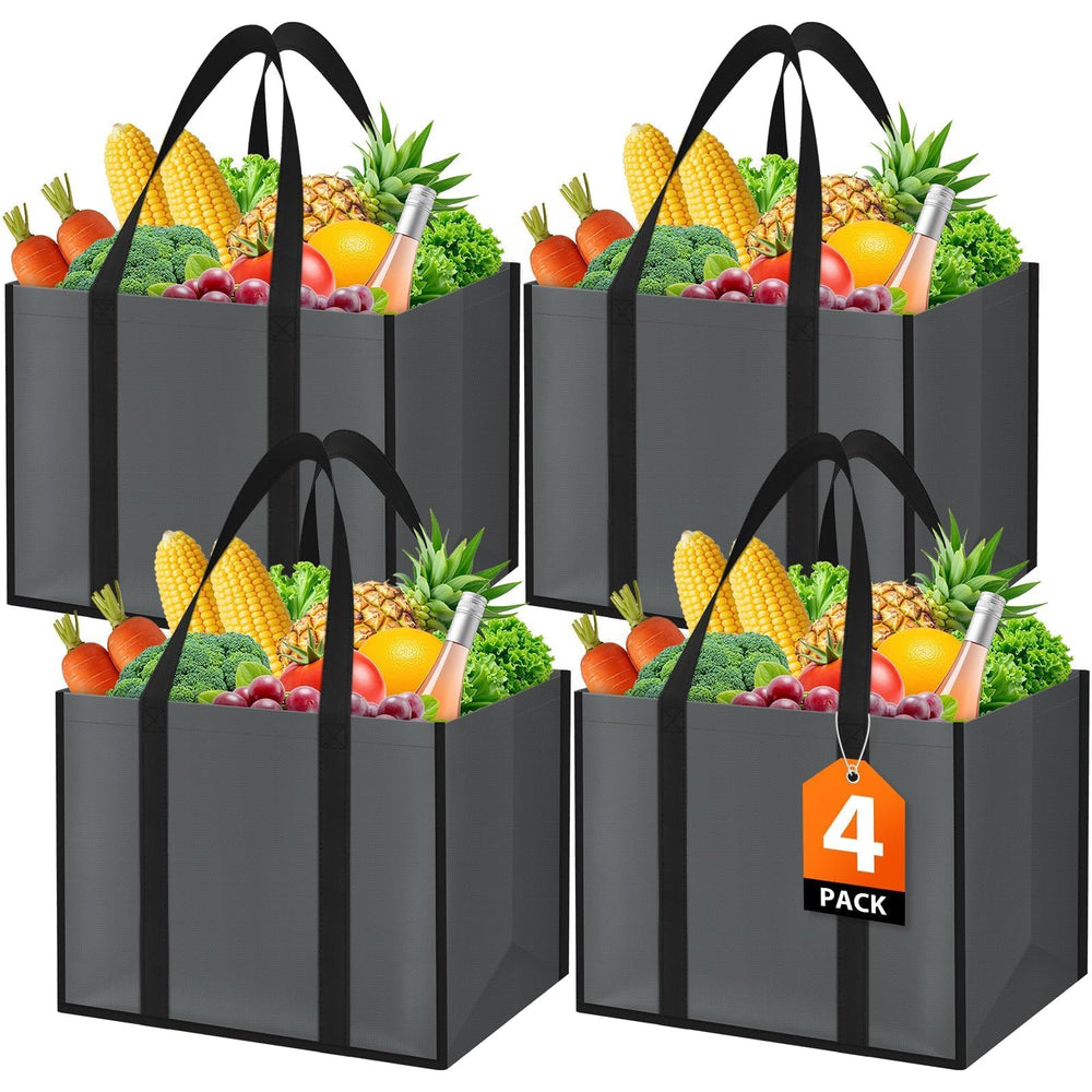 WISELIFE Reusable Grocery Bags with Handles - 3 Pack, 35L Large Shopping Bags for Groceries, Water-Resistant & Foldable Grocery Totes for Lasting Use for Kitchen, Market, Car Trunk, Picnic (Gray)