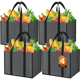 WISELIFE Reusable Grocery Bags with Handles - 3 Pack, 35L Large Shopping Bags for Groceries, Water-Resistant & Foldable Grocery Totes for Lasting Use for Kitchen, Market, Car Trunk, Picnic (Gray)