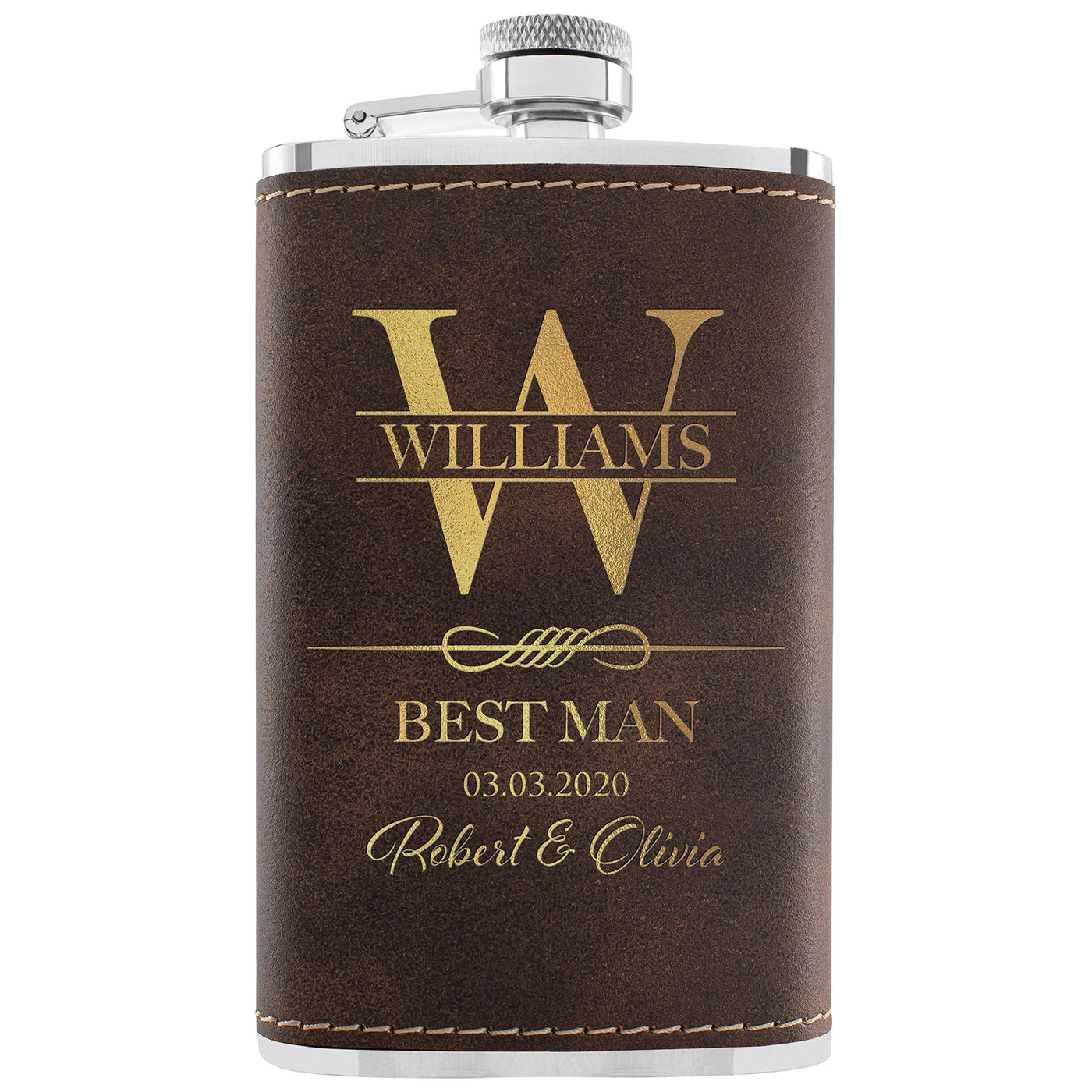 Personalized Hip Flasks Set of 6 - Engraved Leatherette 6 Oz, Best Man & Groomsmen Proposal Gifts, Wedding Party Favors - Chestnut #4