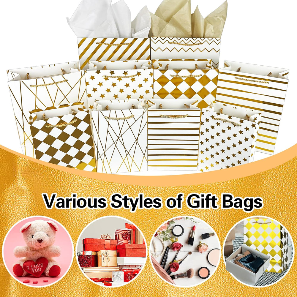KEEPARTY Assorted Sizes Gold Foil Gift Bags with Tissue Paper Suitable for Many Occasions Set of 10 with 6 Design Styles 4 Small 4 Medium and 2 Large Gift Bags