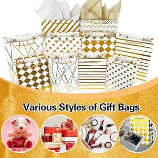 KEEPARTY Assorted Sizes Gold Foil Gift Bags with Tissue Paper Suitable for Many Occasions Set of 10 with 6 Design Styles 4 Small 4 Medium and 2 Large Gift Bags