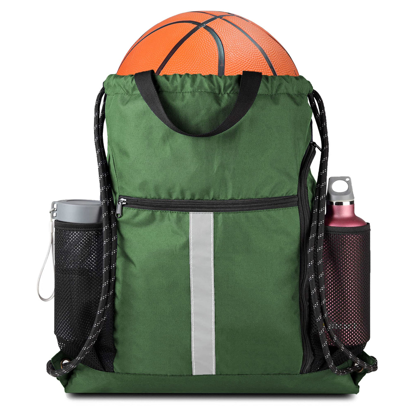 BeeGreen Black Drawstring Backpack Gym Bag For Men Women String Sports Backpack With Water Bottle Mesh Pockets And 2 Zippered Pocket Large Cinch Sackpack Workout Bag 16" x 20"