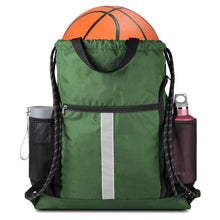 BeeGreen Black Drawstring Backpack Gym Bag For Men Women String Sports Backpack With Water Bottle Mesh Pockets And 2 Zippered Pocket Large Cinch Sackpack Workout Bag 16" x 20"