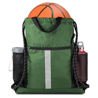 BeeGreen Black Drawstring Backpack Gym Bag For Men Women String Sports Backpack With Water Bottle Mesh Pockets And 2 Zippered Pocket Large Cinch Sackpack Workout Bag 16" x 20"