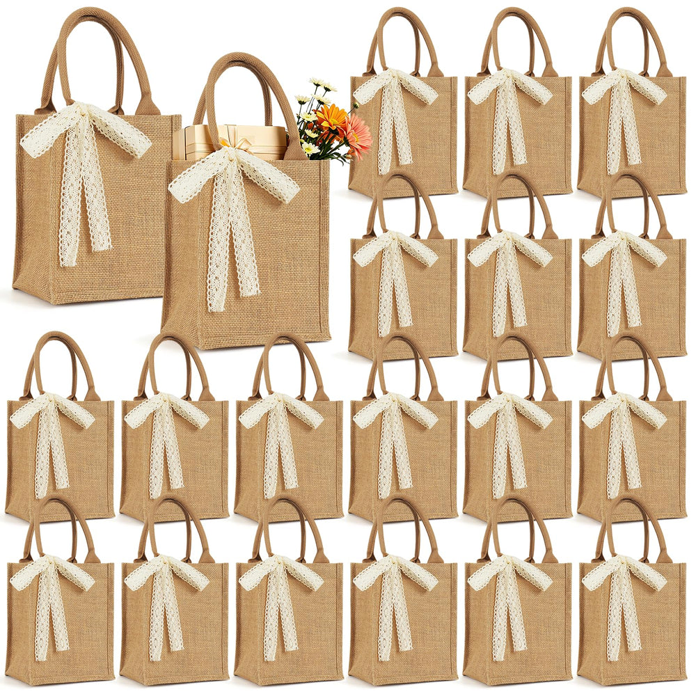 Small 6pcs Burlap Tote Bag Set with Handles, 11*9.45*3.94 Inch Waterproof Reusable Blank Grocery Bags with Ribbon Large Jute Tote for Women Bridesmaid Gift Beach Shopping Wedding Travel DIY