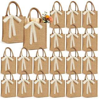 Small 6pcs Burlap Tote Bag Set with Handles, 11*9.45*3.94 Inch Waterproof Reusable Blank Grocery Bags with Ribbon Large Jute Tote for Women Bridesmaid Gift Beach Shopping Wedding Travel DIY
