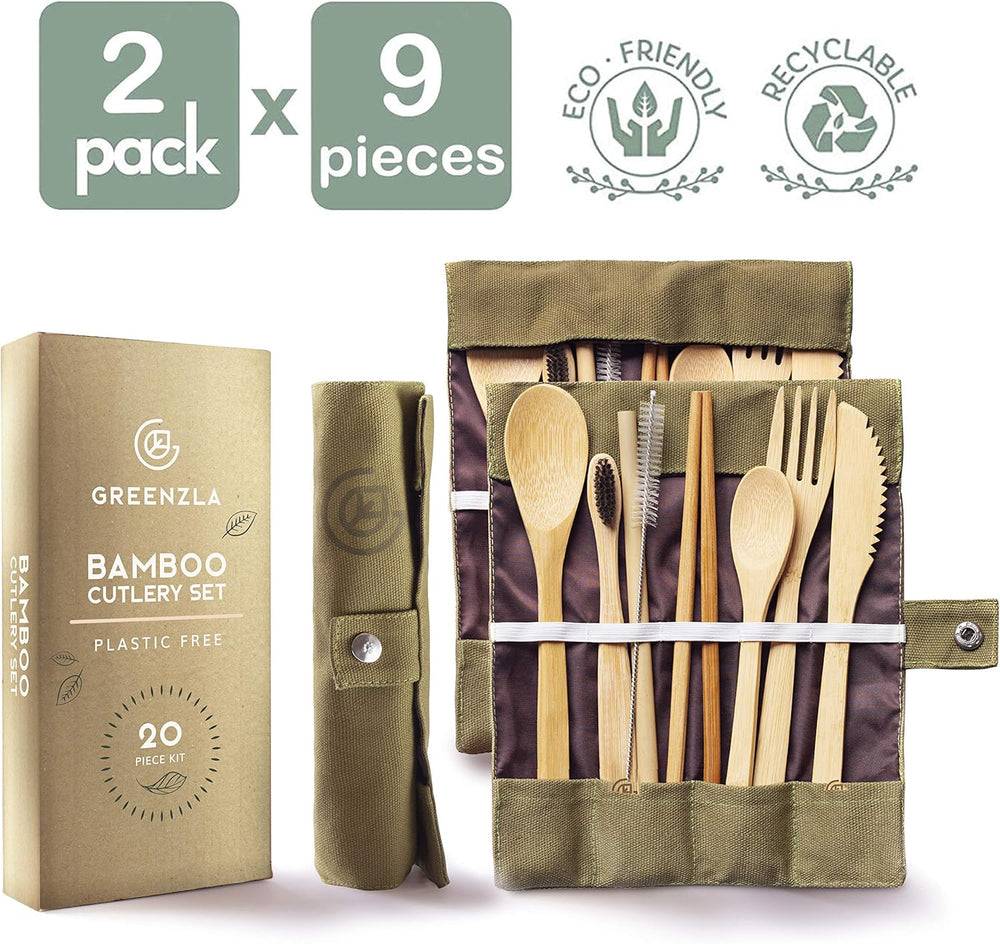 Greenzla Double Pack Bamboo Utensils Set with Bonus Toothbrush Pair, Straw, Spoon, Fork, Knife, Teaspoon, Chopsticks, Brush & Duo Storage Bags - Reusable Bamboo Cutlery - Wooden Utensil Set